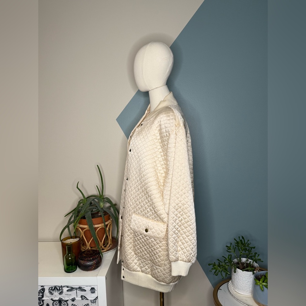 Vintage Saks Fifth Avenue Quilted Silk Bomber Jacket 90s Ivory Cream Women’s M - Picture 3 of 14